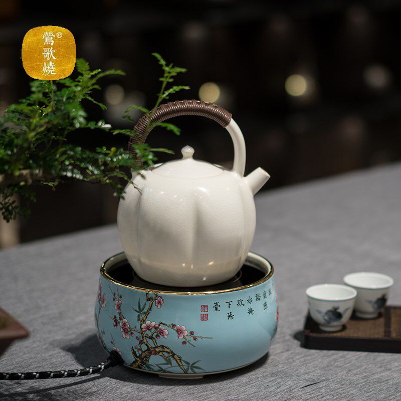 轩铭堂莺歌烧电陶炉粉彩茶炉家用静音无辐射银壶铁壶煮茶器泡茶炉