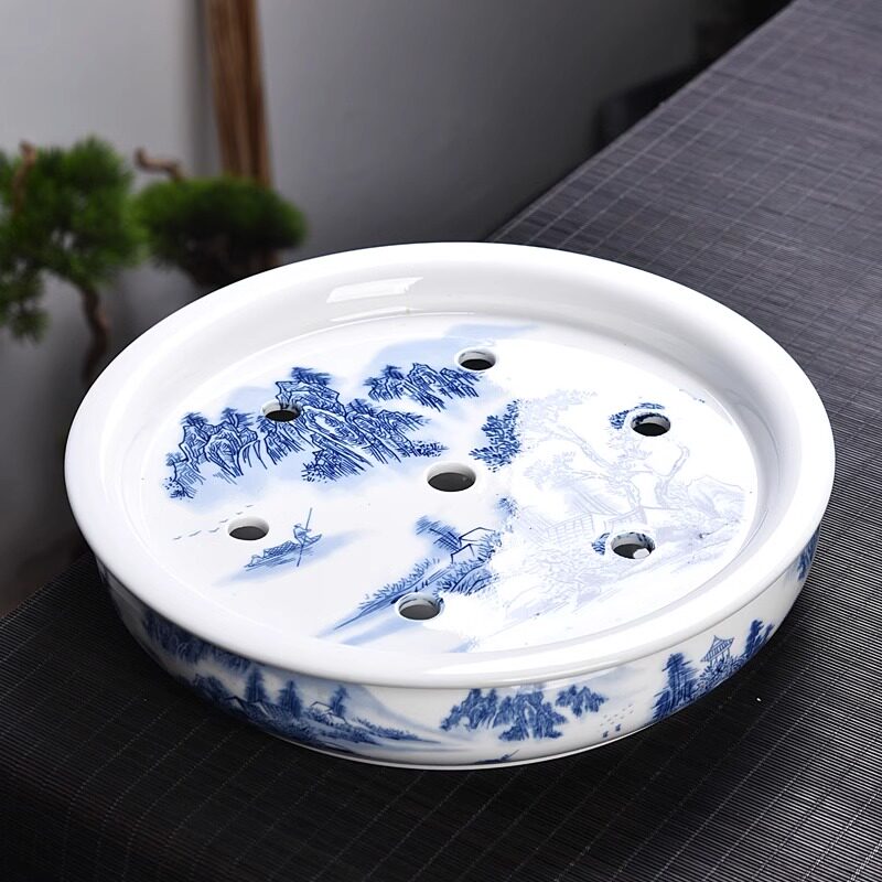 青花白瓷茶盘家用客厅壶承功夫茶具茶艺茶盘干泡台陶瓷干泡盘托盘