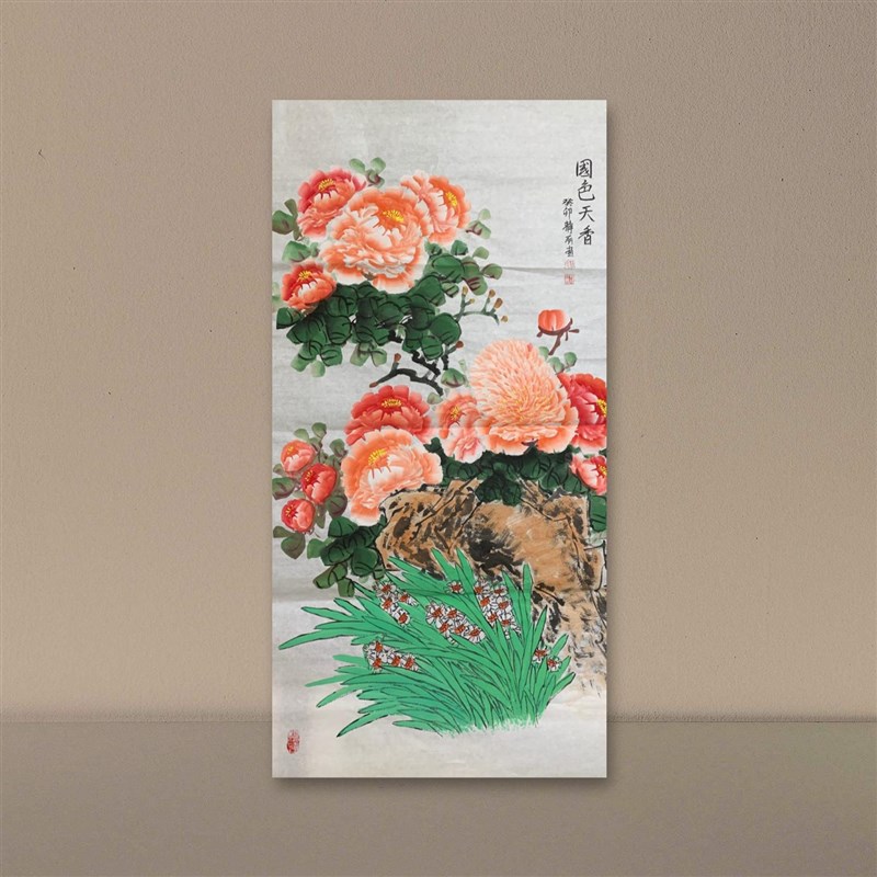 新中式玄关装饰画竖幅走廊餐厅挂画卷轴手绘富贵吉祥牡丹花国画