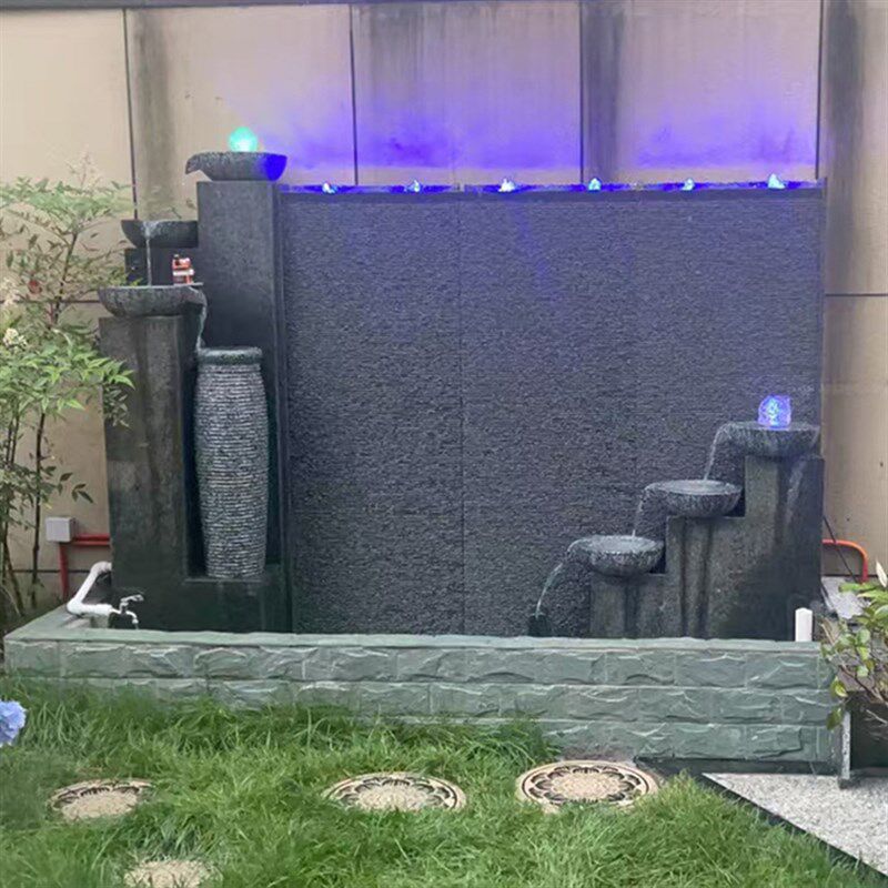 大理石水幕墙流水石影壁喷泉水景灯光室内公司进门玄关屏风logo墙