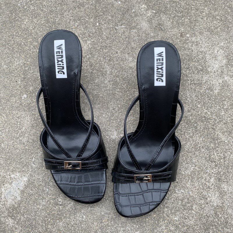 一手货源!6.h5cm凉鞋夏外穿新款细跟黑色高跟鞋露趾一字带凉拖鞋