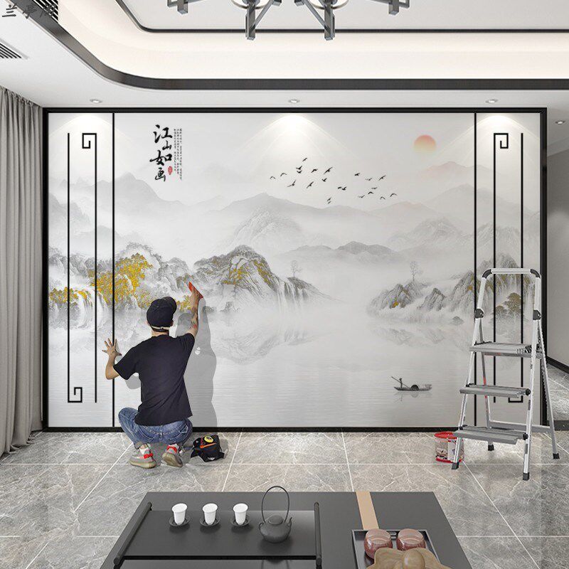 江山如画电视墙背景墙壁纸新中式立体H壁布客厅自带假边框整张墙