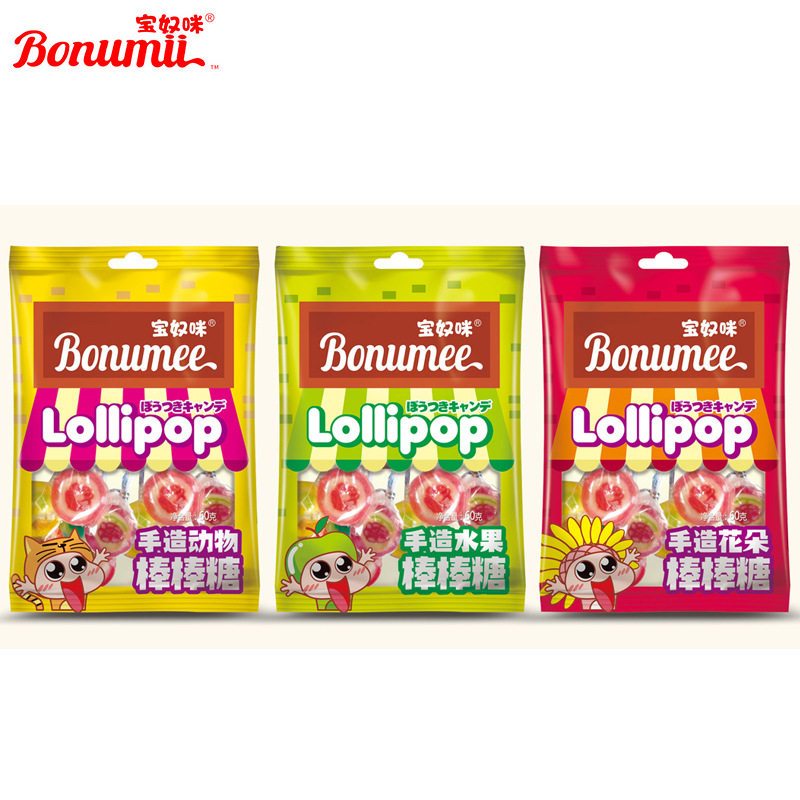 新款 手造水果动物花朵棒棒糖糖儿童零食55g*3小吃零食包邮传统糖