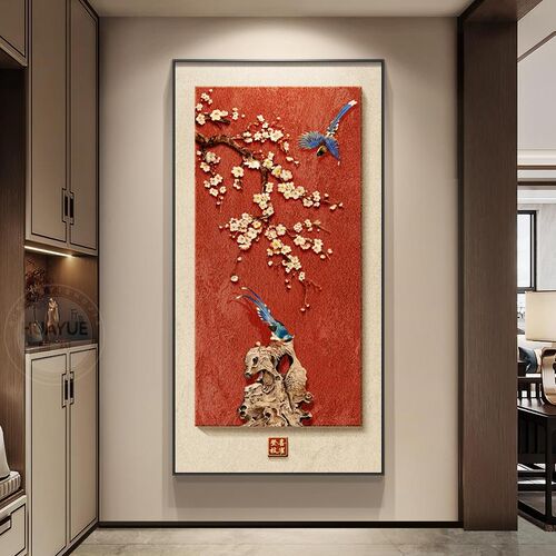 喜上枝头玄关装饰画新中式花鸟过道走廊挂画高级感寓意好竖版壁画