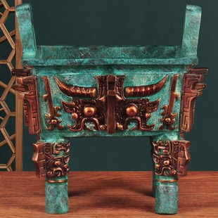 彩铜四足兽面方鼎摆件鼎盛千秋司母戊方鼎家居客厅酒柜玄关装饰品