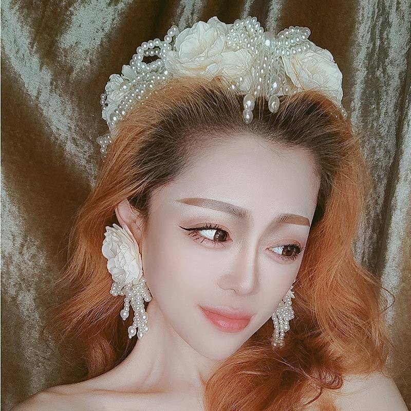 森系发饰奶白色花朵发箍女高级感珍珠流苏发卡女宽边W压发甜美头