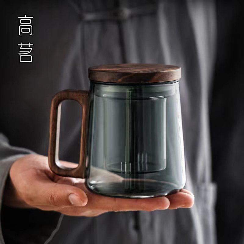 玻璃带盖茶杯个人男士茶道杯茶水分离带把办公室红茶水杯