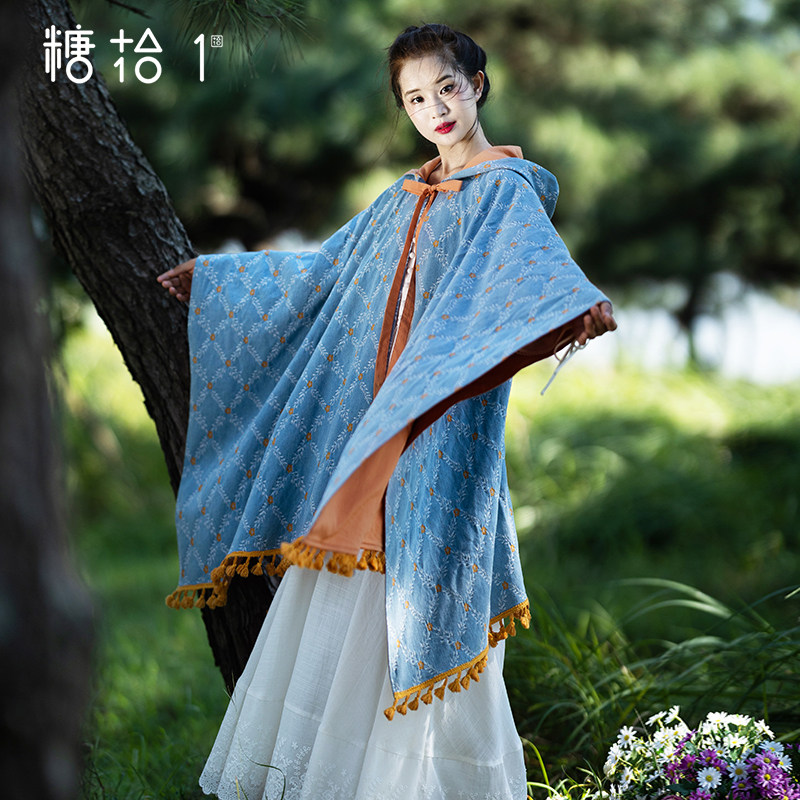 【秋意风浓】流苏披肩女2024春外搭斗篷正反两穿连帽牛仔提花风衣