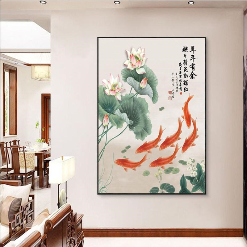 六鱼图挂画玄关过道走廊壁画客厅办公室竖挂画 年年有余墙壁画