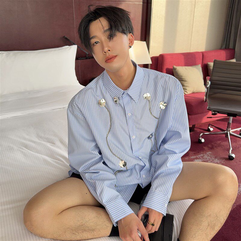 大富2025新款手工缝制立体链条珠花长袖衬衫男宽松蓝色条纹衬衣潮