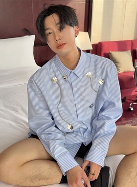 大富2025新款手工缝制立体链条珠花长袖衬衫男宽松蓝色条纹衬衣潮
