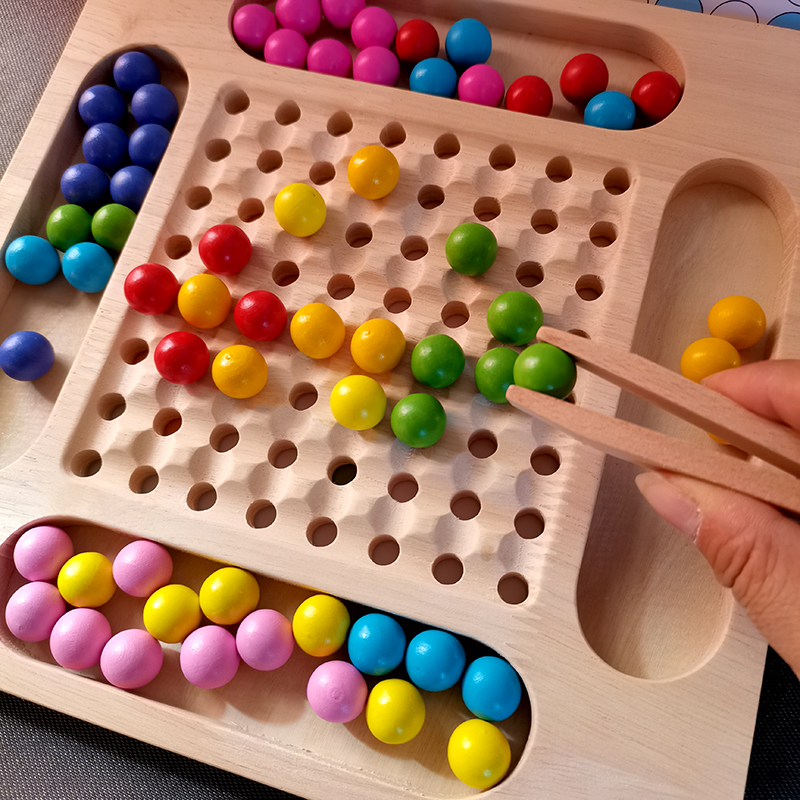 幼儿夹珠子训练益智玩具蒙氏教具手眼协调拼图配对木头珠夹夹乐