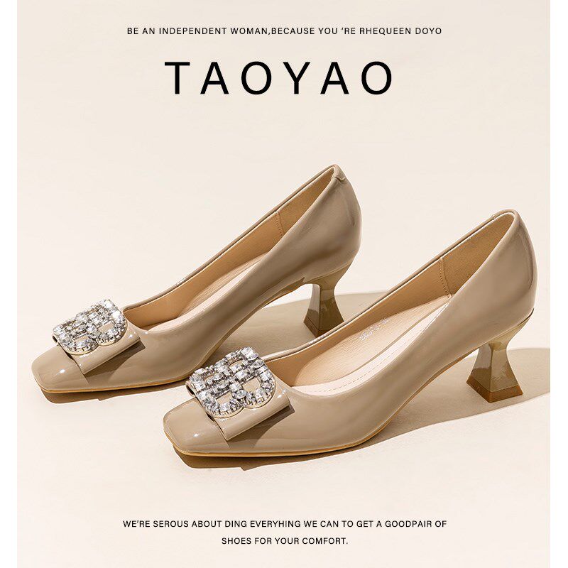 高跟鞋女2024新款黑色职业不累脚方头水钻通勤工作鞋漆皮粗跟单鞋