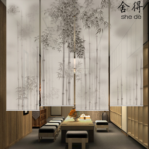 现代新中式水墨竹子卷帘半透明纱帘茶室挂帘隔断帘玄关帘升降卷帘