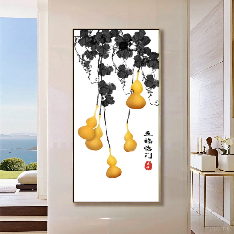 五福临门玄关装饰画入户正对门新中式客厅挂画走廊过道葫芦水墨画