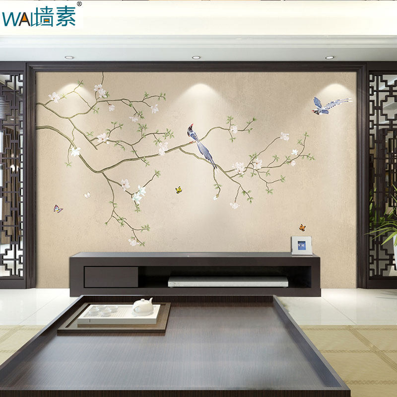 客厅电视背景墙新中式花鸟壁画书房沙发影视墙.布硬包壁纸