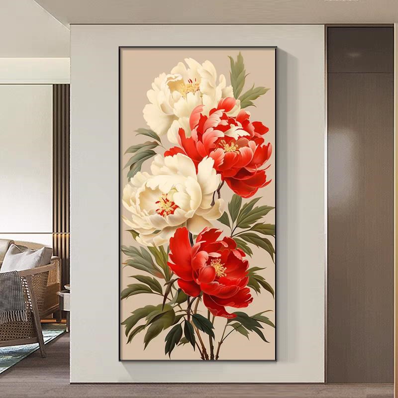 牡丹花玄关装饰画进门简约新中式大气壁画走廊过道花开富贵画