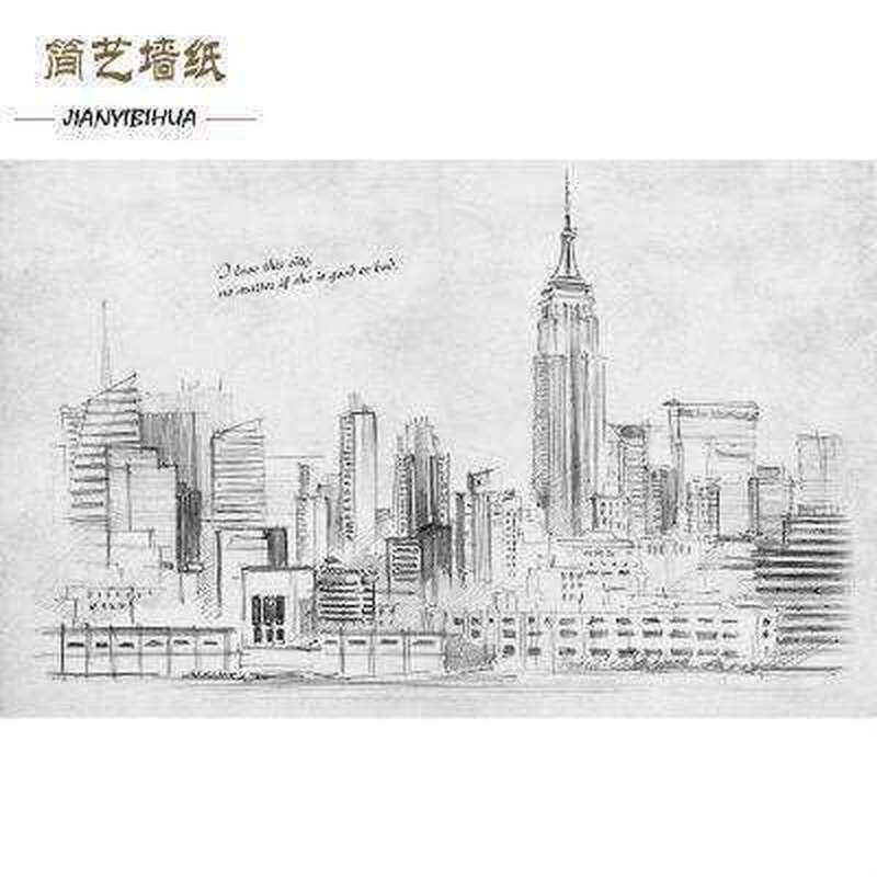 水彩黑白素描建筑壁纸抽象欧式城W市风景客厅壁画简约手绘背景墙
