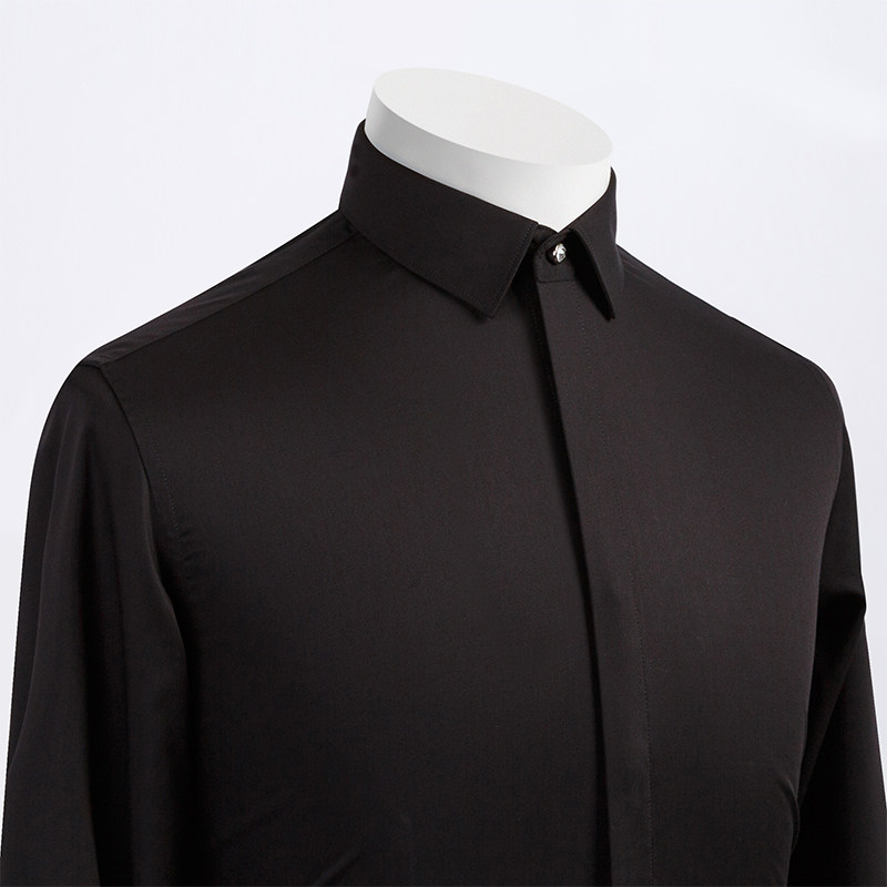 暗扣暗门襟长袖衬衫男定制LOGO绣花印字理发店服装发型师黑色衬衣