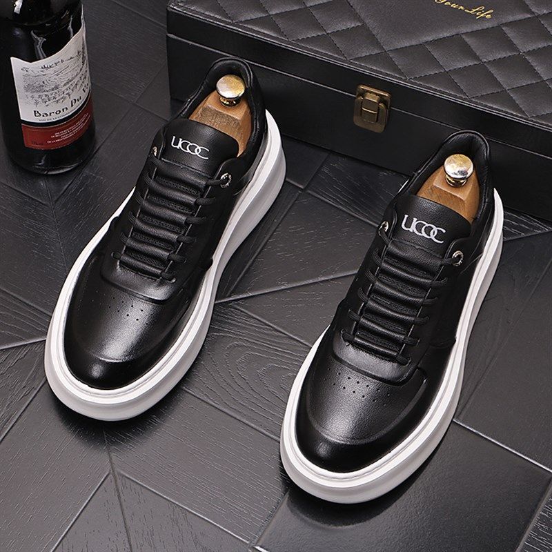 新品男士圆头小白鞋时尚厚底潮男单鞋系带休N闲板鞋低帮青年男鞋