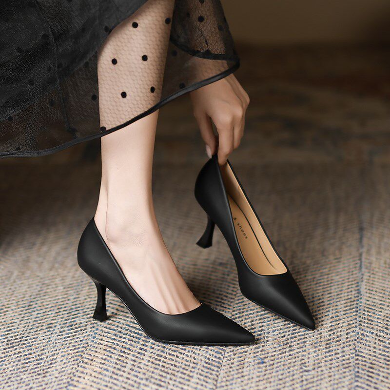 小高跟鞋女2024年新款t细跟尖头气质单鞋不累脚软皮黑色职业工作