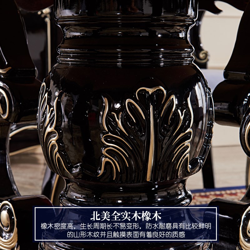 香格里拉家具欧式餐桌黑檀色实木雕花餐台带转盘美式大理石圆餐桌
