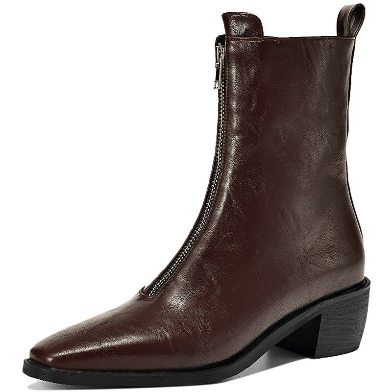 前拉链短靴女2024新款秋冬季大码女鞋41到43胖脚40棕色靴子粗跟42