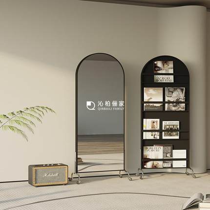 中古实木穿衣镜全身镜落地镜服装店衣帽间试衣镜可移动一体杂志架