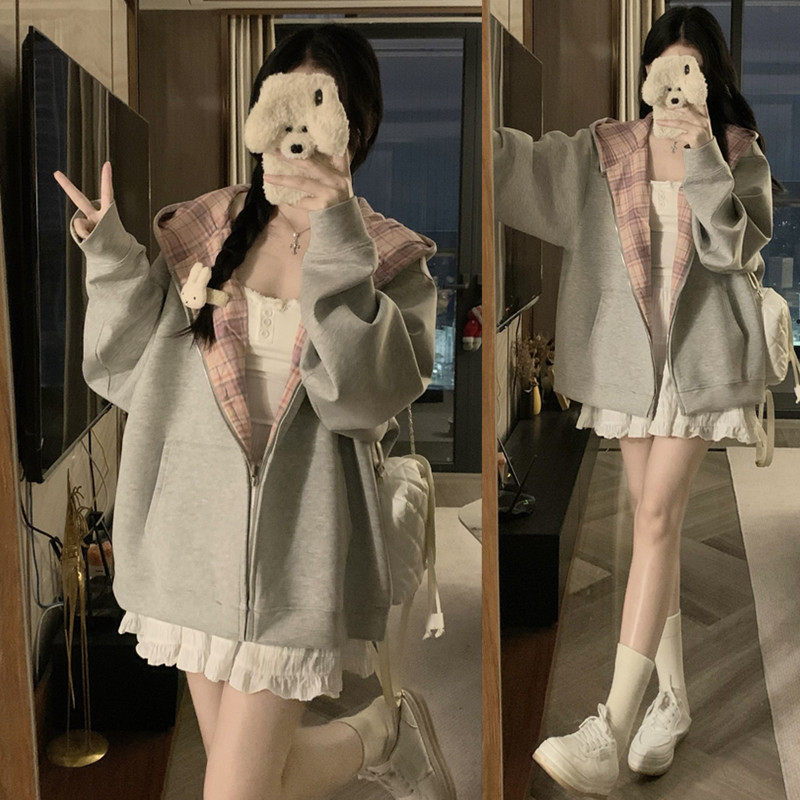 灰色休闲连帽卫衣春上新宽松撞色格子慵懒风美式初高中生开衫外套图片