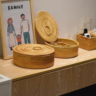越南秋藤编零食糖果篮家用创意分隔带盖收纳筐客厅茶几桌面收纳盒