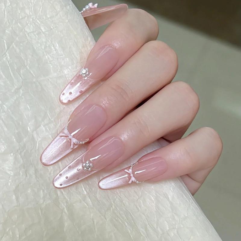 甜美少女心蝴蝶结纯欲风法式猫眼美甲夏日甜心手工穿戴甲防水拆卸