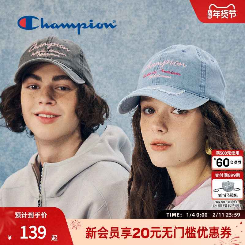 champion冠军做旧牛仔刺绣棒球帽复古校园男女情侣鸭舌帽子遮