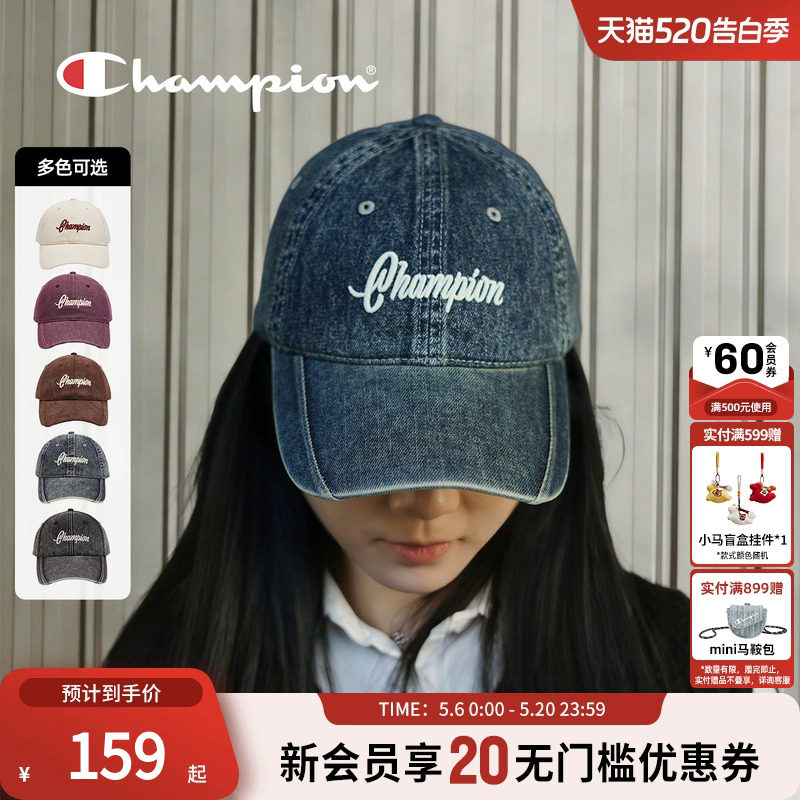 champion冠军新款棒球帽女士水洗牛仔帽子复古百搭鸭舌帽男春夏
