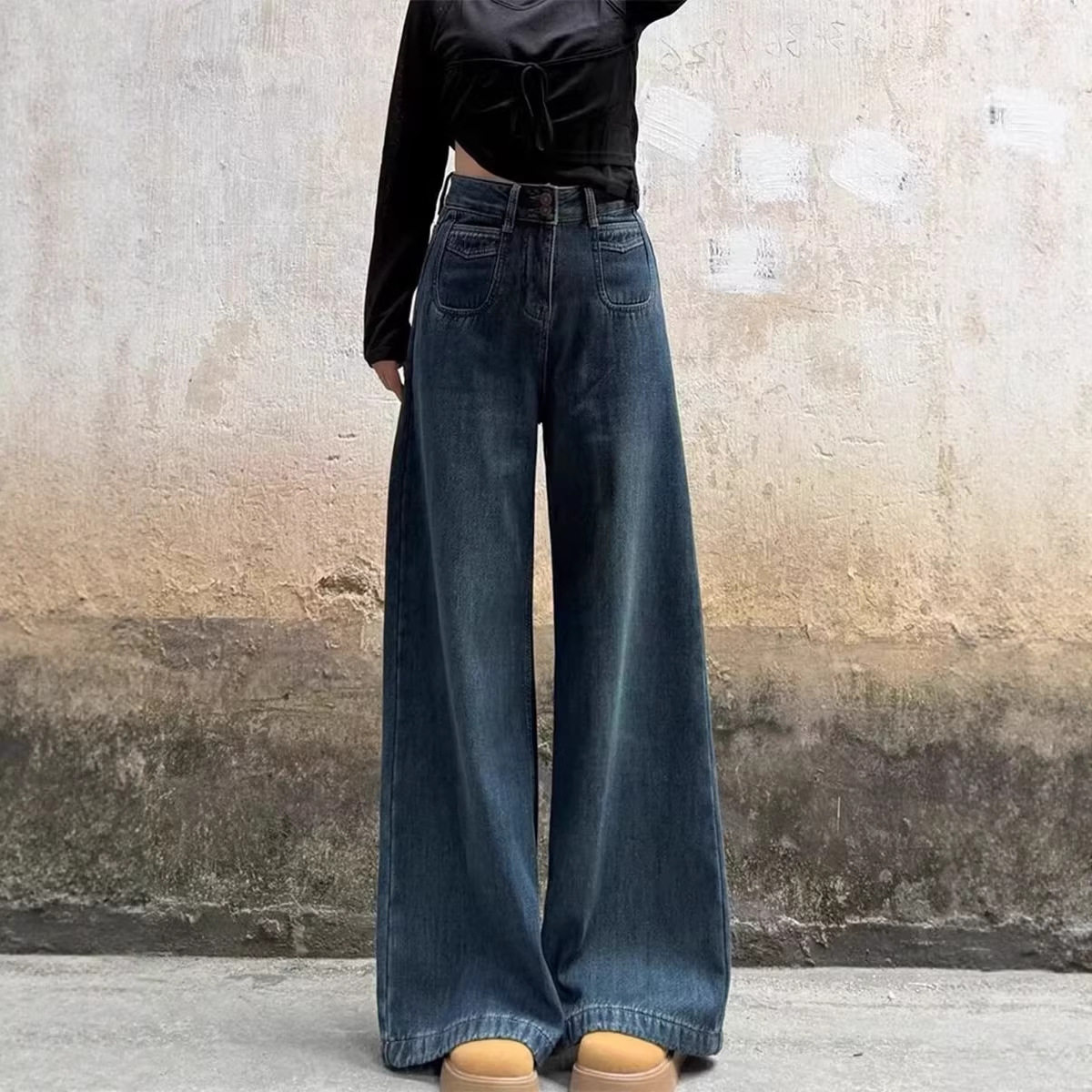 大码复古港味牛仔裤女春夏微胖梨形身材穿搭遮肉遮胯高腰阔腿裤潮