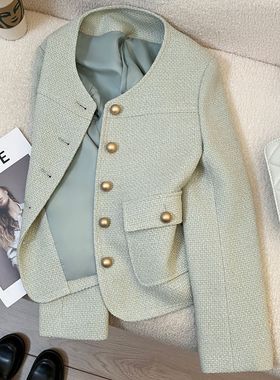 春季新款青绿色时尚百搭小香风西装外套女气质高级感设计西服名媛