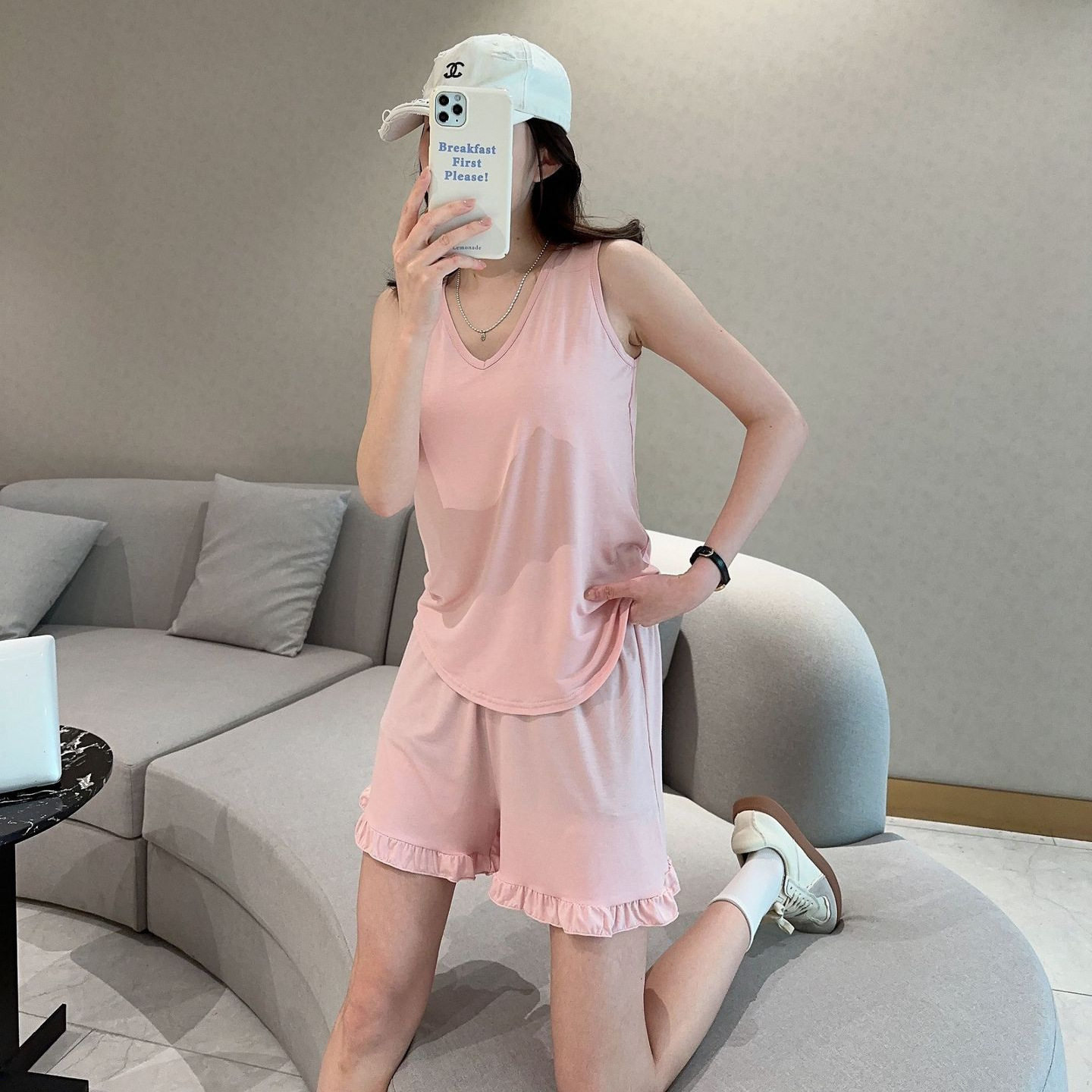 莫代尔V领背心短裤套装女夏季新款纯色宽松显瘦休闲家居两件套