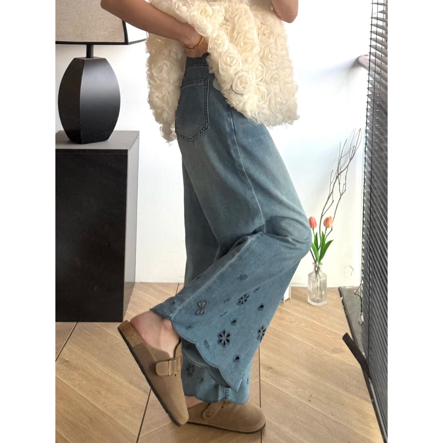 浅蓝色牛仔裤大码女胖mm显瘦九分阔腿裤小个子梨型身材宽松直筒裤