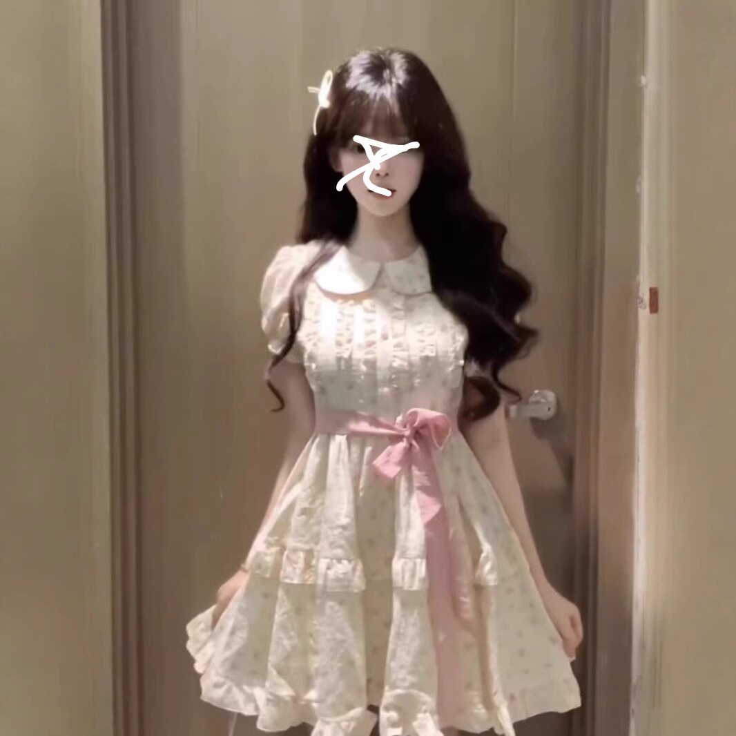 甜美碎花娃娃领连衣裙女夏季泡泡袖小个子公主蛋糕裙收腰蓬蓬裙子