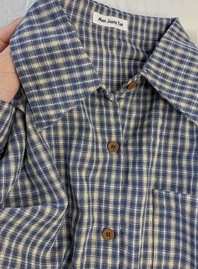 复古蓝色格子衬衫上衣女2025春秋新款设计感小众宽松休闲百搭长袖