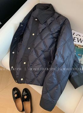 黑色菱格polo领棉服女短款秋冬新款洋气小个子设计感轻薄棉衣轻奢