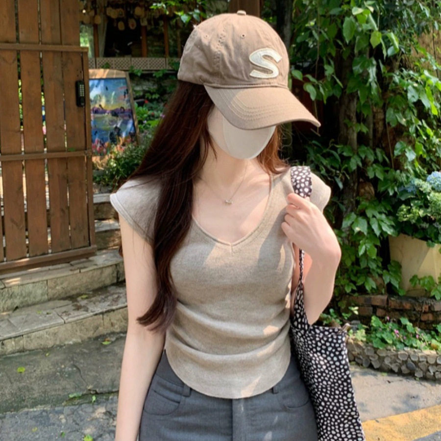紫色V领不规则针织T恤女装夏季新款纯欲风修身打底衫短款短袖上衣