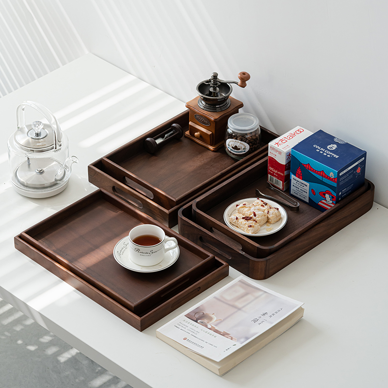 胡桃木托盘长方形木质家用酒店餐用托盘果盘放茶杯水杯实木茶盘