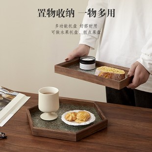 黑胡桃实木海棠花玻璃托盘长方形茶盘木质家用茶水杯水具托盘甜品