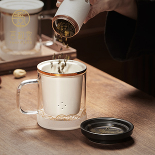 茶杯玻璃杯过滤家用带盖带把茶水分离泡茶杯男R女透明花茶杯水杯