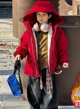 男童拜年服外套冬季儿童帅气新年红色连帽派克服男孩加绒加厚棉服