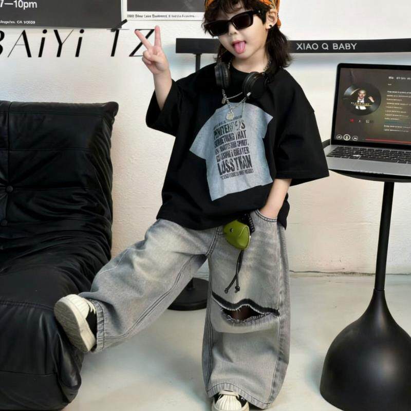 男童夏装套装2026新款洋气儿童短袖tT恤两件套宝宝破洞牛仔裤帅潮
