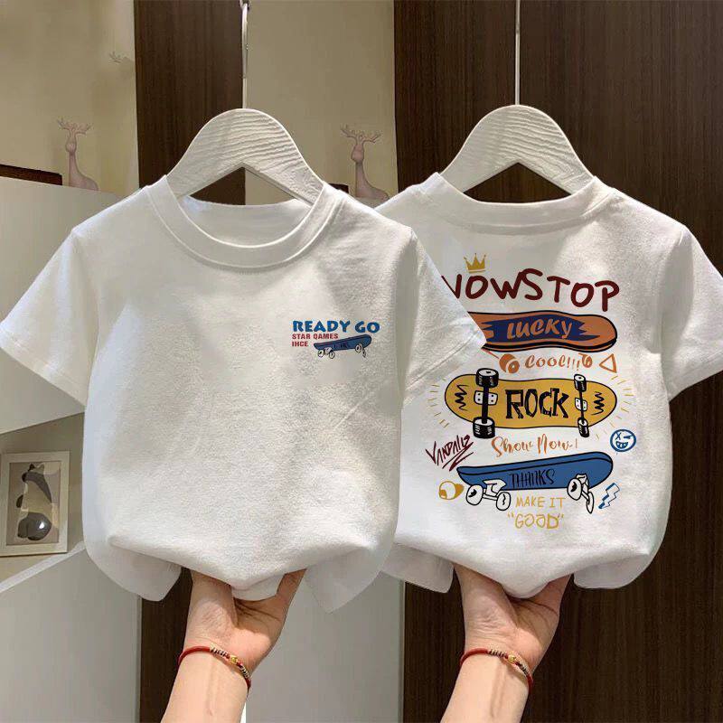 儿童白色短袖t恤夏季新款印花12岁男女童含棉上衣服时髦童装时尚