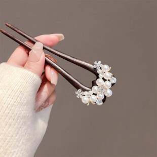 黑檀木u型双钗发簪古风女高级感中式旗袍簪子丸子头珍珠发钗头饰