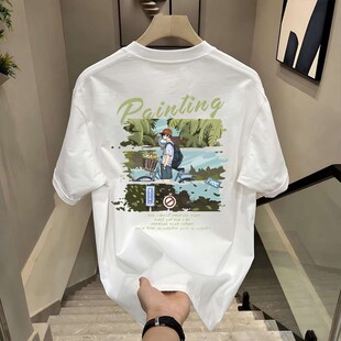 重磅纯棉潮牌美式创意T恤简约字母印花男款夏圆领休闲短袖领带夹