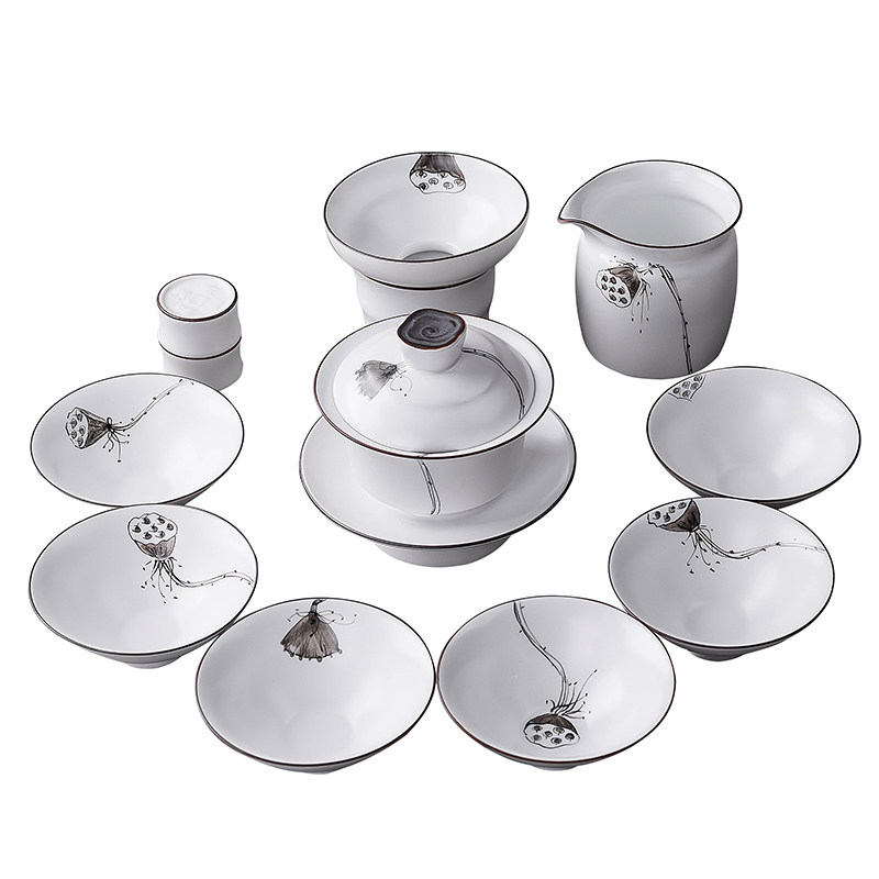 景德镇功夫茶具套装手绘莲蓬白瓷家用泡茶器整套陶瓷盖碗简约礼品